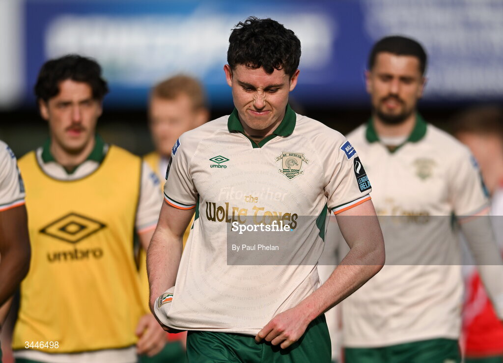 4 May 2026; Kian Leavy of St Patrick's Athletic reacts after the SSE Airtricity Men's Premier Division match between Sligo Rovers and St Patrick's Athletic at The Showgrounds in Sligo. Photo by Paul Phelan/Sportsfile