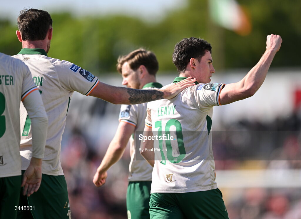 4 May 2026; Kian Leavy of St Patrick's Athletic celebrates after scoring his side's first goal  during the SSE Airtricity Men's Premier Division match between Sligo Rovers and St Patrick's Athletic at The Showgrounds in Sligo. Photo by Paul Phelan/Sportsfile