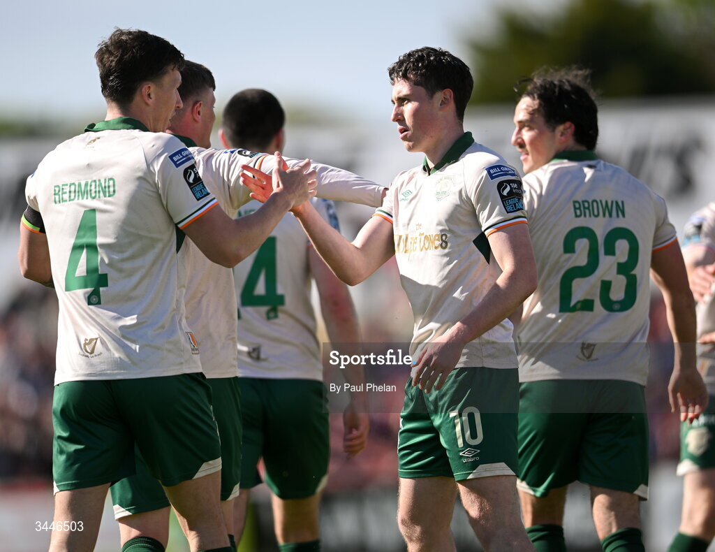 4 May 2026; Kian Leavy of St Patrick's Athletic celebrates with Joe Redmond after scoring his side's first goal  during the SSE Airtricity Men's Premier Division match between Sligo Rovers and St Patrick's Athletic at The Showgrounds in Sligo. Photo by Paul Phelan/Sportsfile