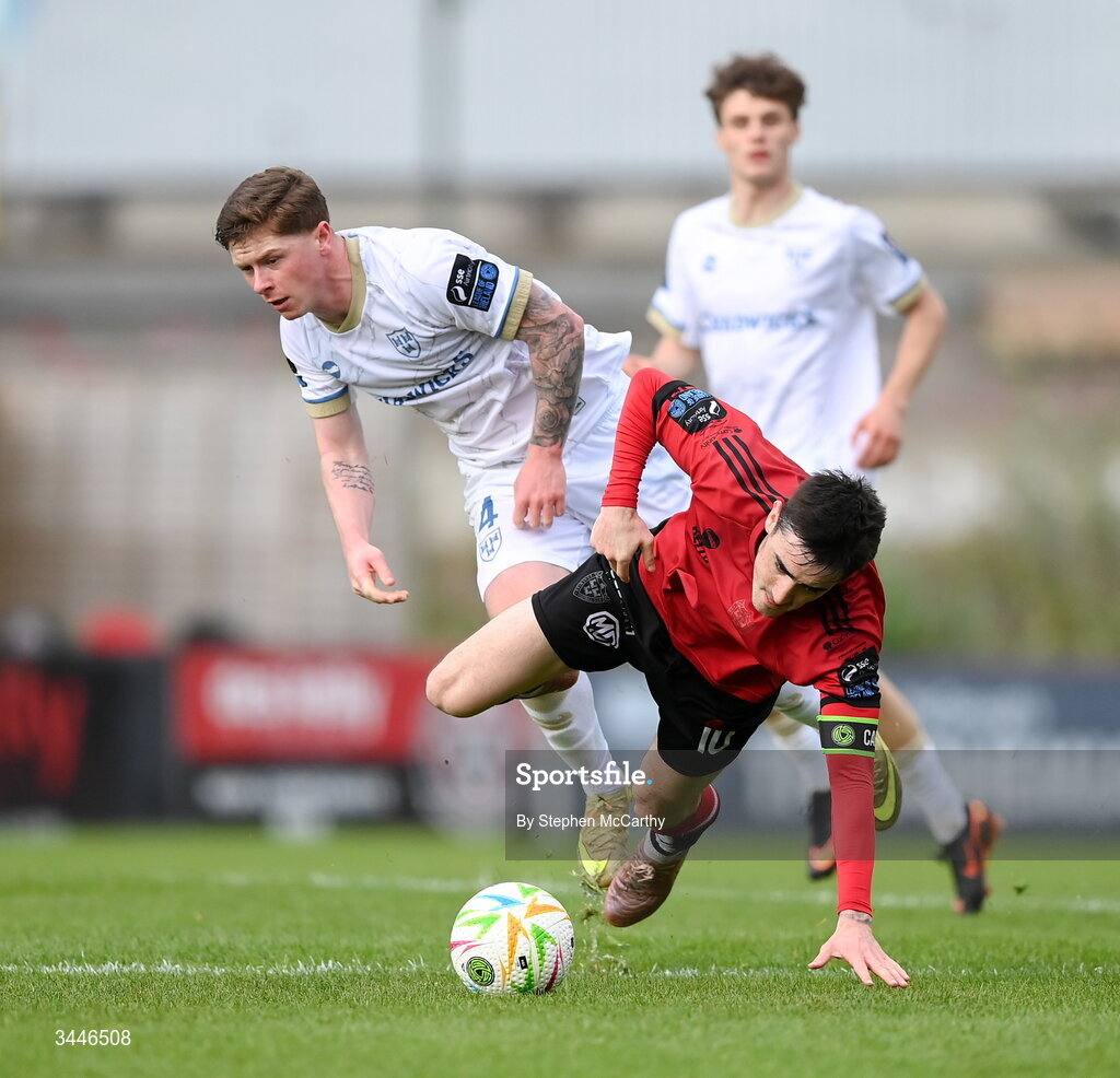 4 May 2026; Dawson Devoy of Bohemians is tackled by Kameron Ledwidge of Shelbourne during the SSE Airtricity Men's Premier Division match between Bohemians and Shelbourne at Dalymount Park in Dublin. Photo by Stephen McCarthy/Sportsfile