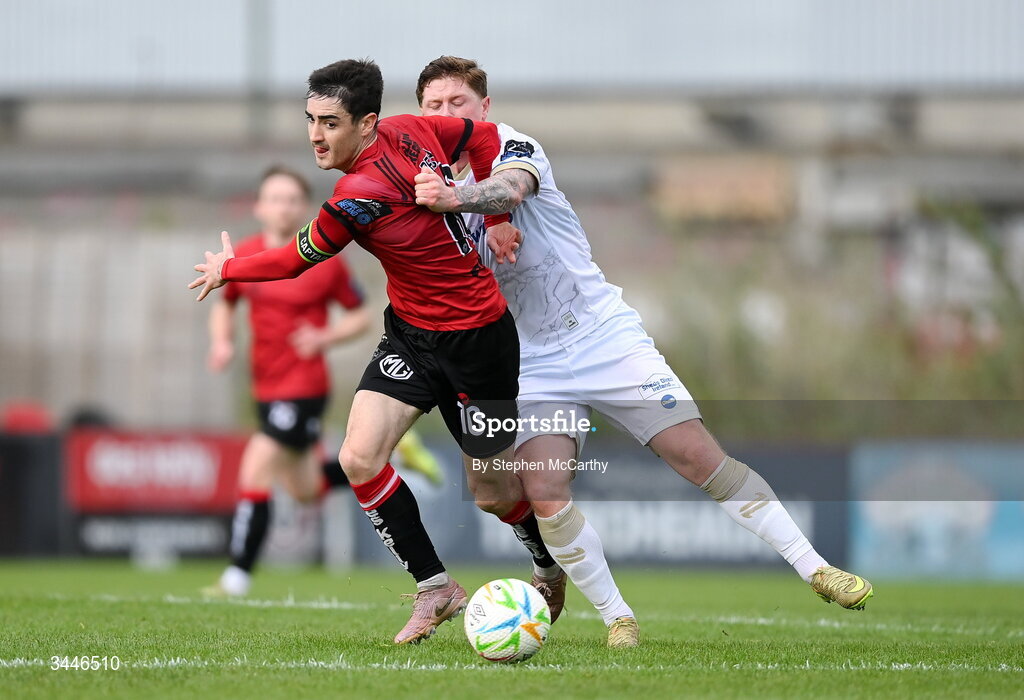 4 May 2026; Dawson Devoy of Bohemians is tackled by Kameron Ledwidge of Shelbourne during the SSE Airtricity Men's Premier Division match between Bohemians and Shelbourne at Dalymount Park in Dublin. Photo by Stephen McCarthy/Sportsfile