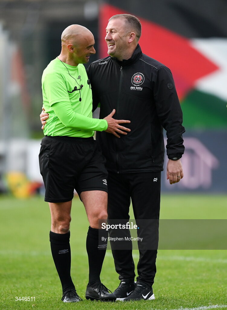 4 May 2026; Bohemians manager Alan Reynolds with referee Neil Doyle after the SSE Airtricity Men's Premier Division match between Bohemians and Shelbourne at Dalymount Park in Dublin. Photo by Stephen McCarthy/Sportsfile