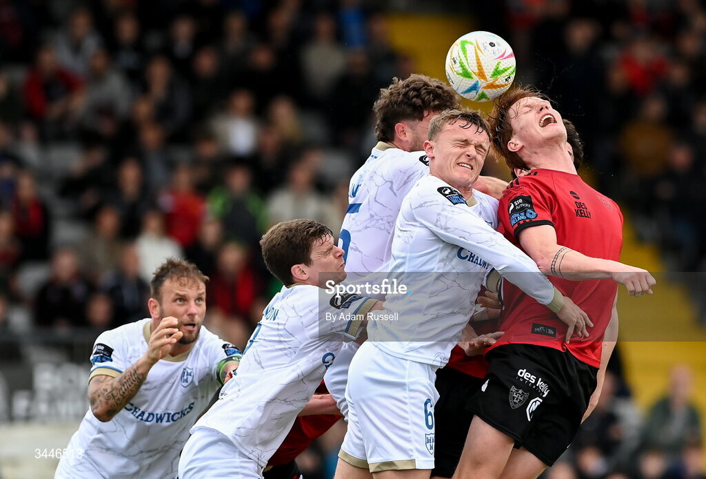 4 May 2026; Senan Mullen of Bohemians in action against Shelbourne players, from left, Paddy Barrett, Sean Gannon, Sam Bone and JJ Lunney during the SSE Airtricity Men's Premier Division match between Bohemians and Shelbourne at Dalymount Park in Dublin. Photo by Adam Russell/Sportsfile