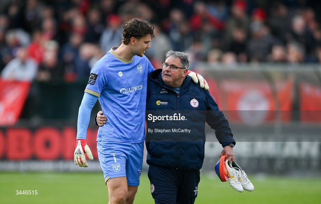 4 May 2026; Shelbourne goalkeeper Wessel Speel and head of equipment Johnny Watson after the SSE Airtricity Men's Premier Division match between Bohemians and Shelbourne at Dalymount Park in Dublin. Photo by Stephen McCarthy/Sportsfile