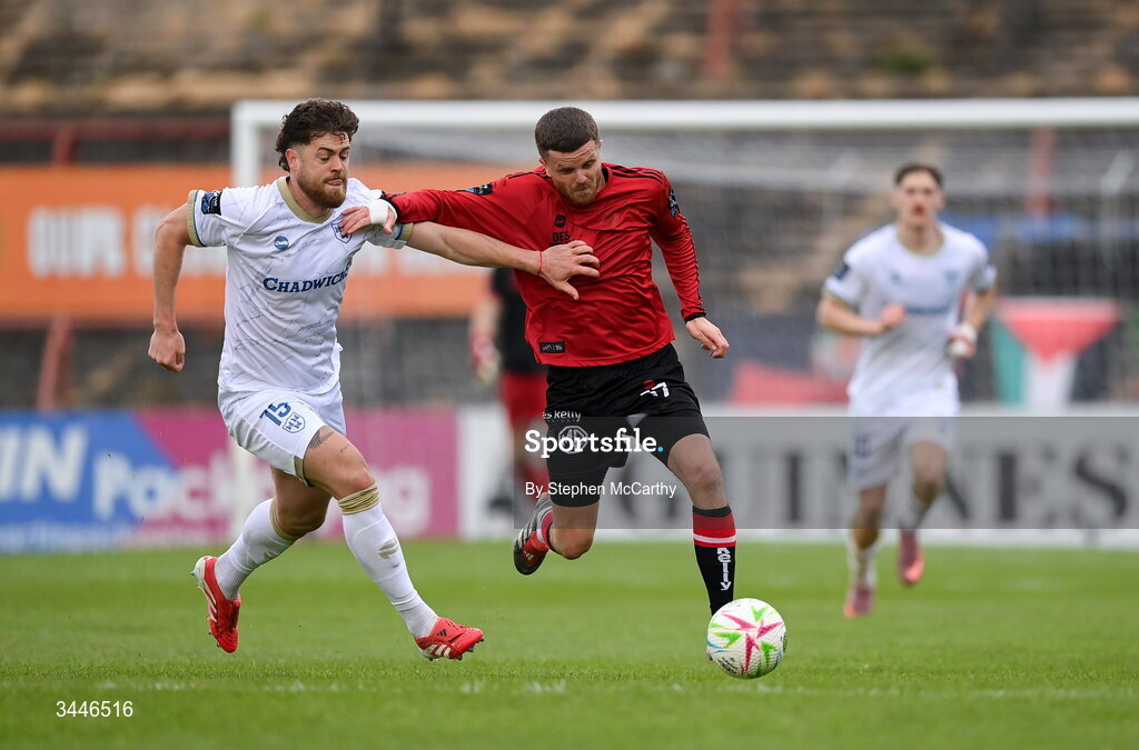 4 May 2026; Adam McDonnell of Bohemians in action against John Martin of Shelbourne during the SSE Airtricity Men's Premier Division match between Bohemians and Shelbourne at Dalymount Park in Dublin. Photo by Stephen McCarthy/Sportsfile