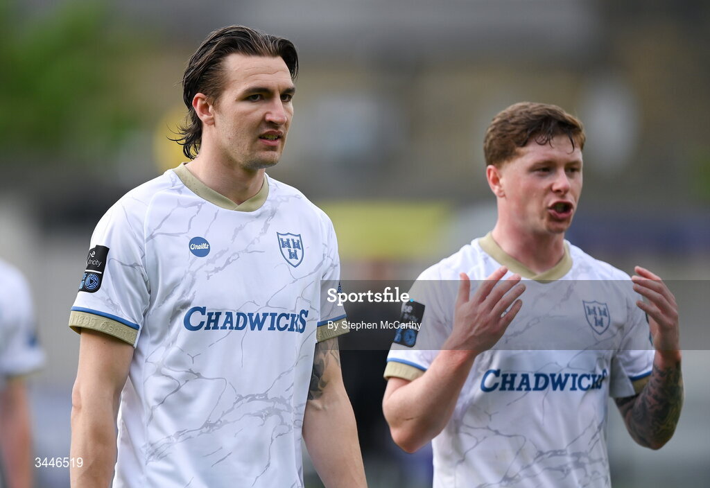 4 May 2026; Sean Boyd, left and Kameron Ledwidge of Shelbourne after the SSE Airtricity Men's Premier Division match between Bohemians and Shelbourne at Dalymount Park in Dublin. Photo by Stephen McCarthy/Sportsfile