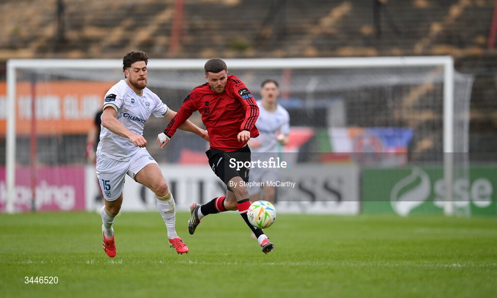 4 May 2026; Adam McDonnell of Bohemians in action against John Martin of Shelbourne during the SSE Airtricity Men's Premier Division match between Bohemians and Shelbourne at Dalymount Park in Dublin. Photo by Stephen McCarthy/Sportsfile