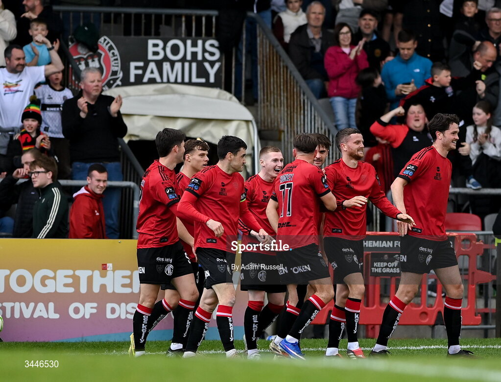 4 May 2026; Bohemians players celebrate after Adam McDonnell, second from left, scored their opening goal during the SSE Airtricity Men's Premier Division match between Bohemians and Shelbourne at Dalymount Park in Dublin. Photo by Adam Russell/Sportsfile