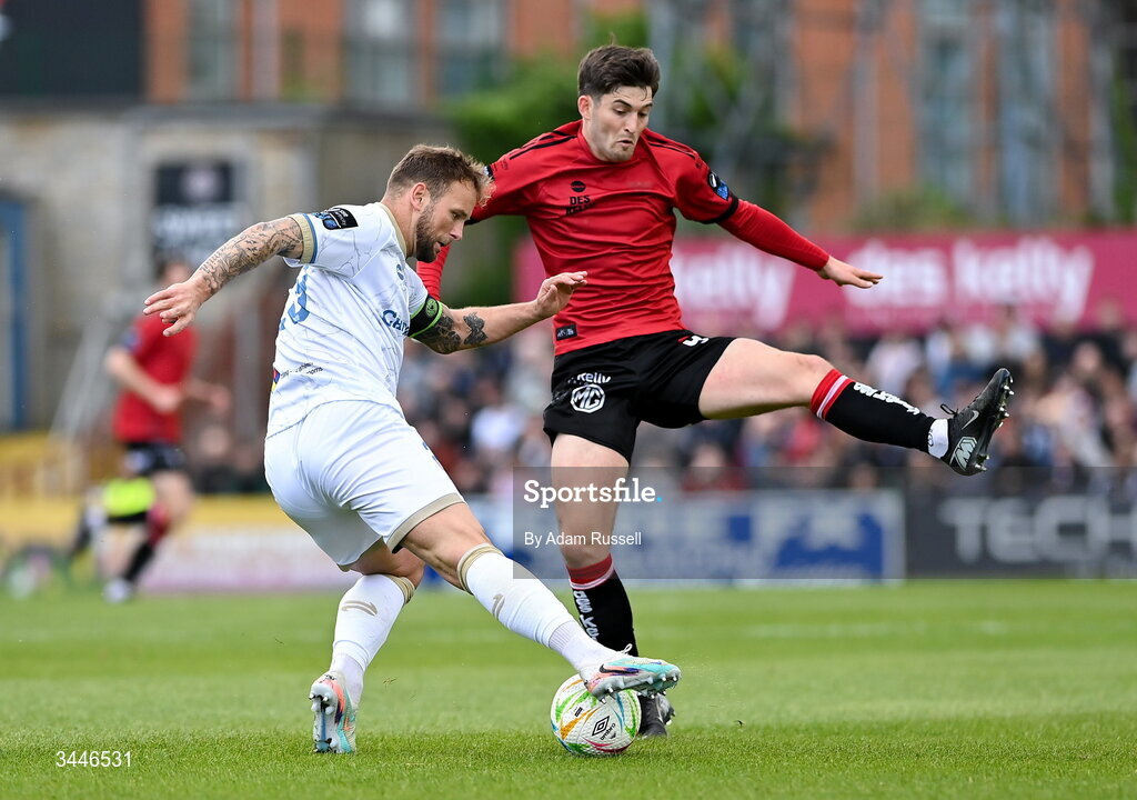 4 May 2026; Paddy Barrett of Shelbourne in action against Colm Whelan of Bohemians during the SSE Airtricity Men's Premier Division match between Bohemians and Shelbourne at Dalymount Park in Dublin. Photo by Adam Russell/Sportsfile