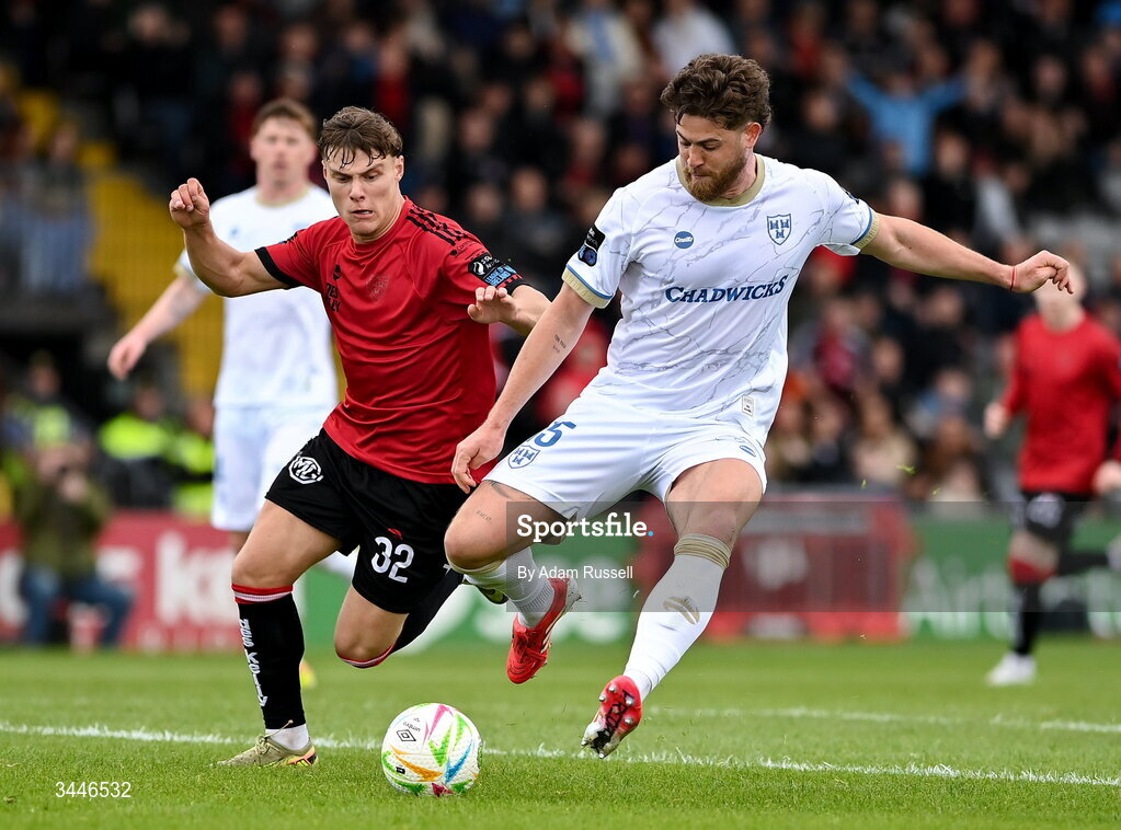 4 May 2026; Sam Bone of Shelbourne in action against Markuss Strods of Bohemians during the SSE Airtricity Men's Premier Division match between Bohemians and Shelbourne at Dalymount Park in Dublin. Photo by Adam Russell/Sportsfile