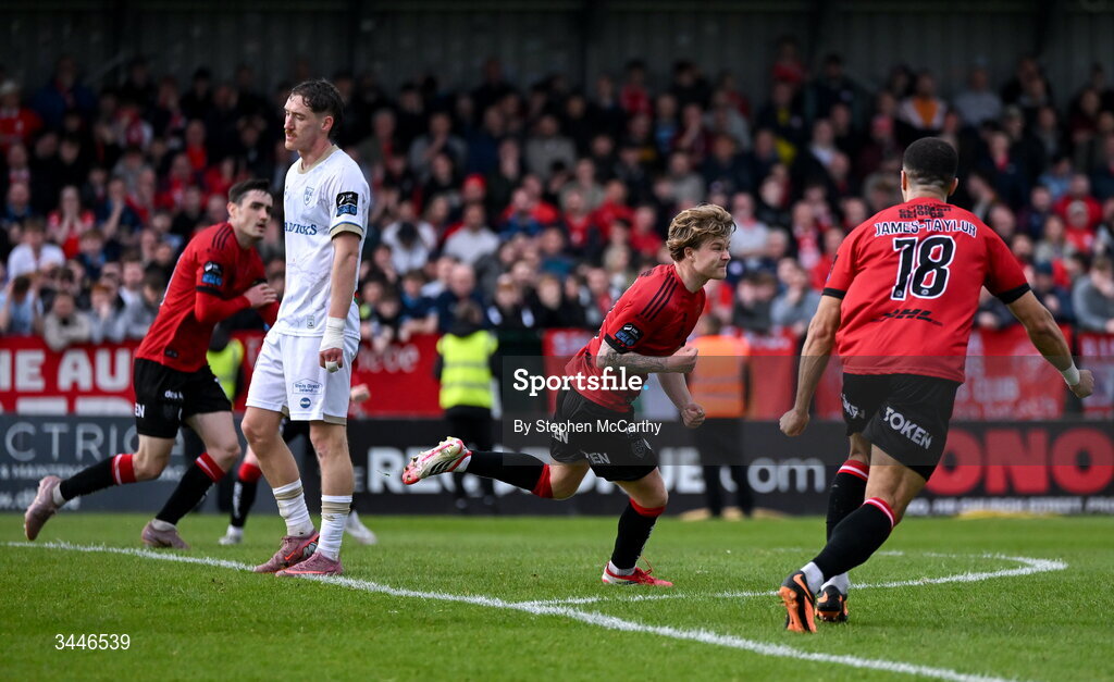 4 May 2026; Harry Vaughan of Bohemians celebrates after scoring his side's second goal during the SSE Airtricity Men's Premier Division match between Bohemians and Shelbourne at Dalymount Park in Dublin. Photo by Stephen McCarthy/Sportsfile