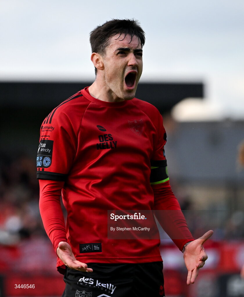 4 May 2026; Dawson Devoy of Bohemians reacts towards the Bohemians supporters during the SSE Airtricity Men's Premier Division match between Bohemians and Shelbourne at Dalymount Park in Dublin. Photo by Stephen McCarthy/Sportsfile