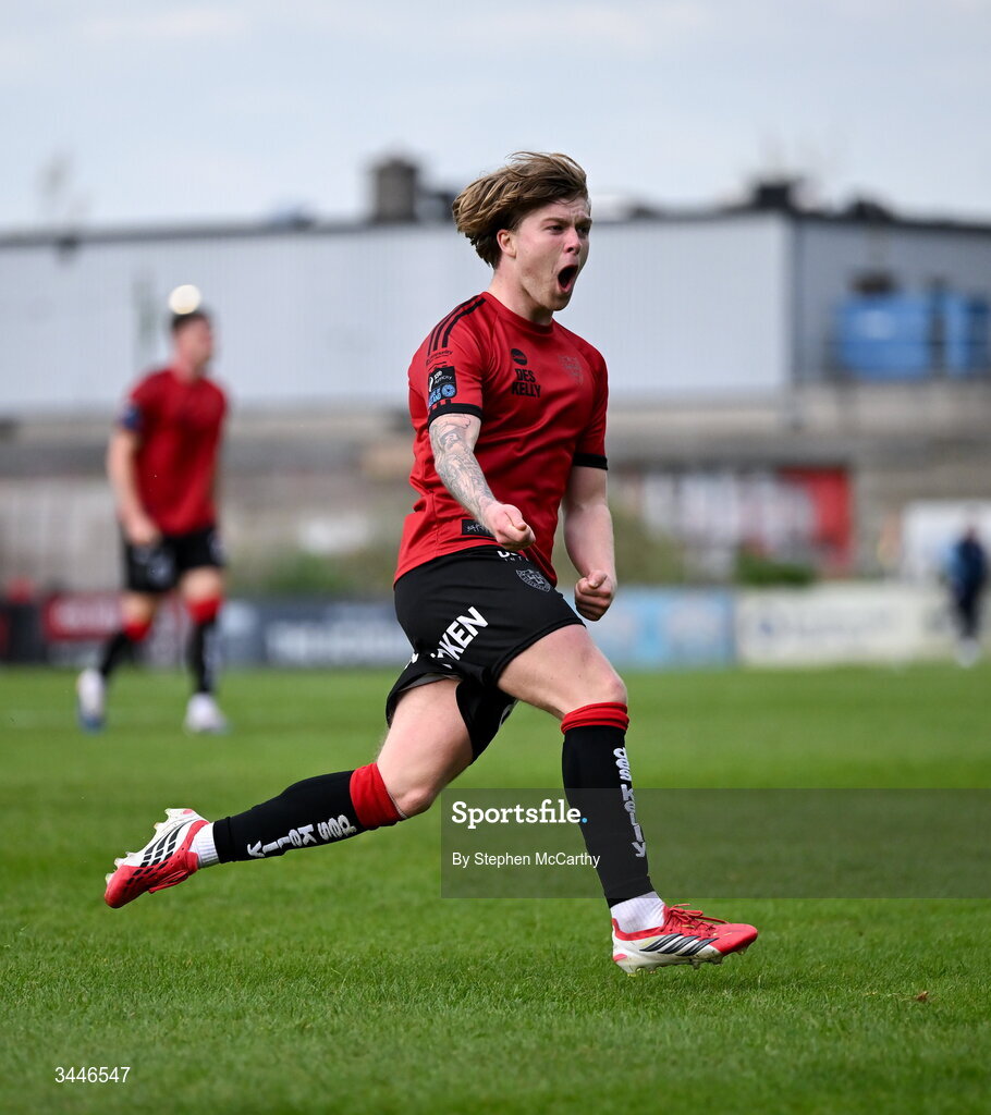 4 May 2026; Harry Vaughan of Bohemians celebrates after scoring his side's second goal during the SSE Airtricity Men's Premier Division match between Bohemians and Shelbourne at Dalymount Park in Dublin. Photo by Stephen McCarthy/Sportsfile