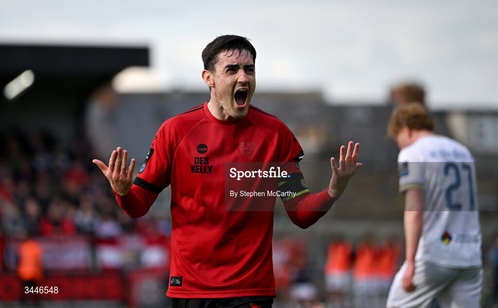 4 May 2026; Dawson Devoy of Bohemians reacts towards the Bohemians supporters during the SSE Airtricity Men's Premier Division match between Bohemians and Shelbourne at Dalymount Park in Dublin. Photo by Stephen McCarthy/Sportsfile