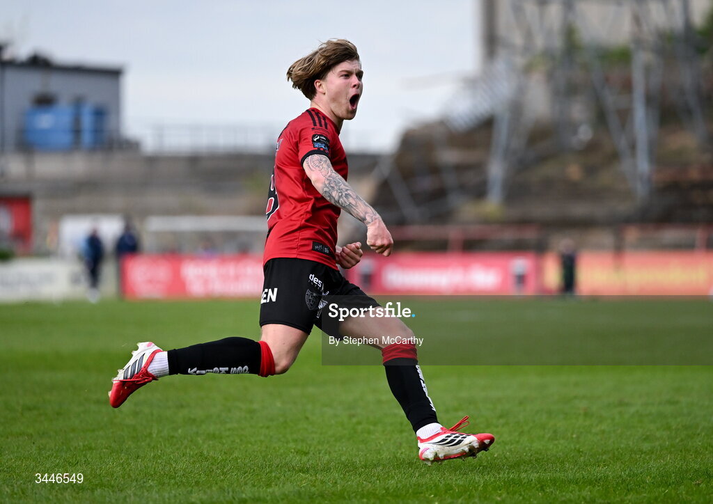 4 May 2026; Harry Vaughan of Bohemians celebrates after scoring his side's second goal during the SSE Airtricity Men's Premier Division match between Bohemians and Shelbourne at Dalymount Park in Dublin. Photo by Stephen McCarthy/Sportsfile