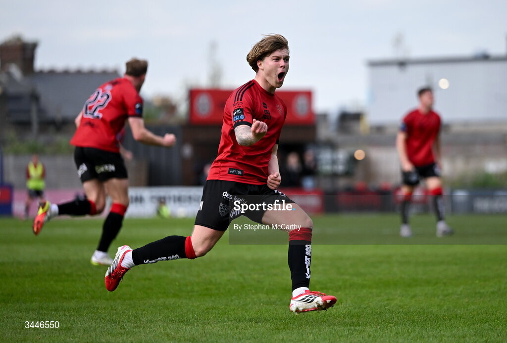 4 May 2026; Harry Vaughan of Bohemians celebrates after scoring his side's second goal during the SSE Airtricity Men's Premier Division match between Bohemians and Shelbourne at Dalymount Park in Dublin. Photo by Stephen McCarthy/Sportsfile