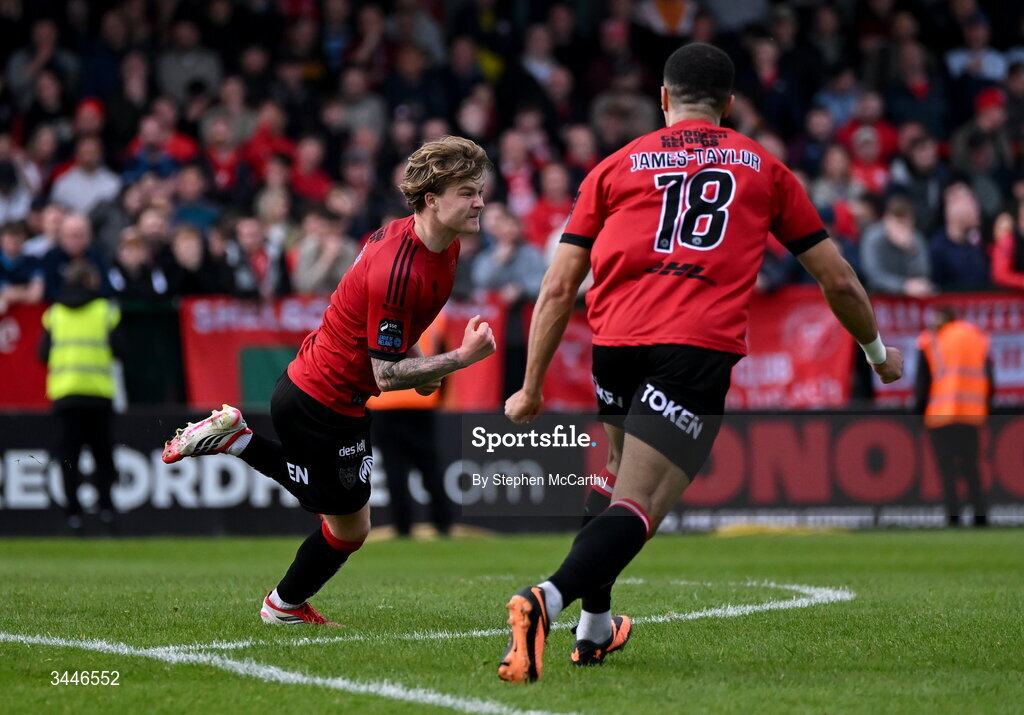 4 May 2026; Harry Vaughan of Bohemians celebrates after scoring his side's second goal during the SSE Airtricity Men's Premier Division match between Bohemians and Shelbourne at Dalymount Park in Dublin. Photo by Stephen McCarthy/Sportsfile