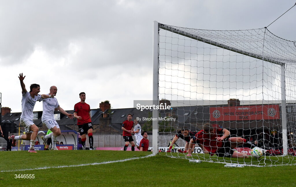 4 May 2026; Harry Wood of Shelbourne scores his side's second goal past Bohemians goalkeeper Kacper Chorazka during the SSE Airtricity Men's Premier Division match between Bohemians and Shelbourne at Dalymount Park in Dublin. Photo by Stephen McCarthy/Sportsfile