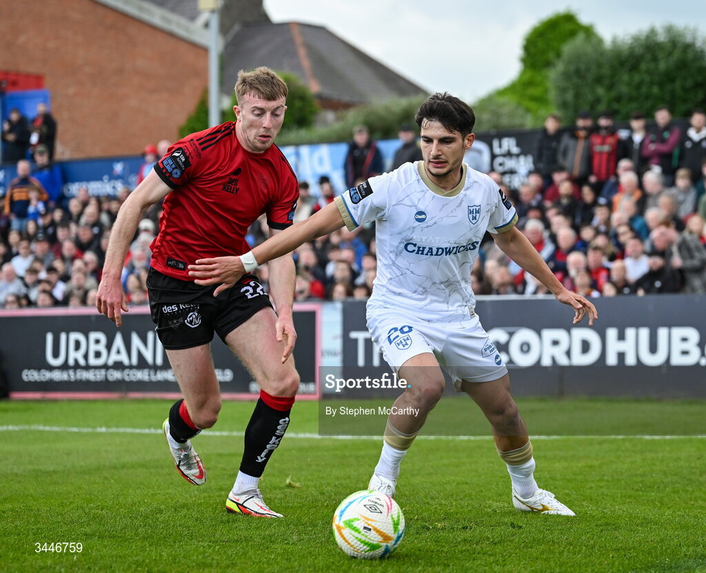 4 May 2026; Rodrigo Freitas of Shelbourne in action against Sam Todd of Bohemians during the SSE Airtricity Men's Premier Division match between Bohemians and Shelbourne at Dalymount Park in Dublin. Photo by Stephen McCarthy/Sportsfile