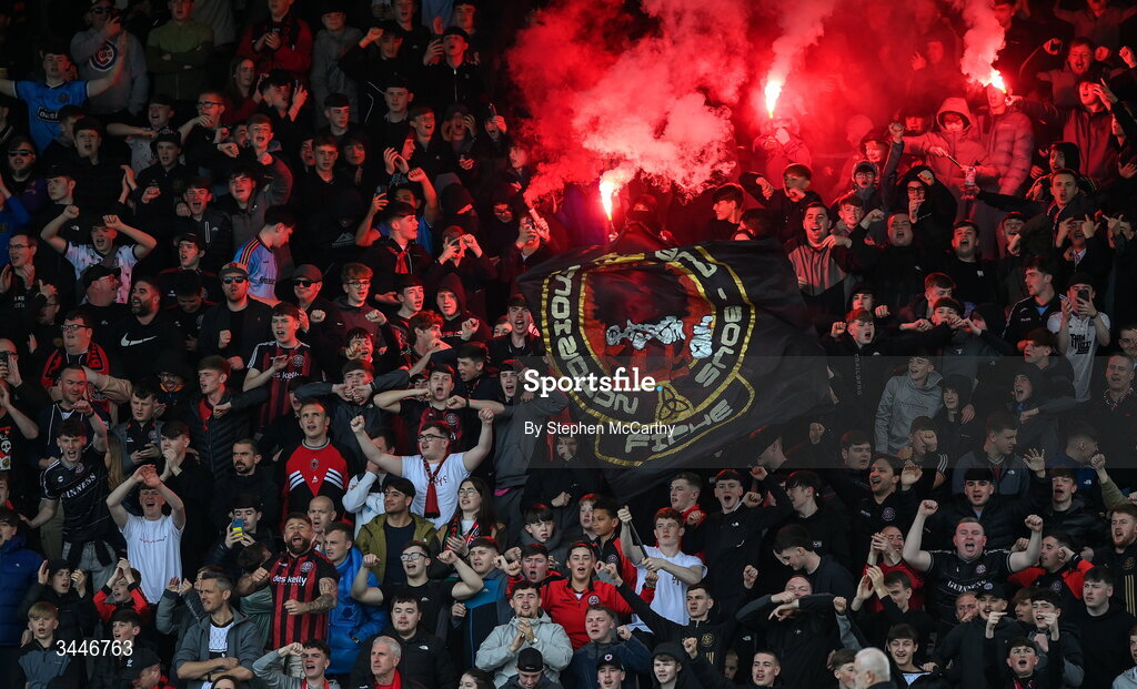 4 May 2026; Bohemians supporters celebrate their opening goal during the SSE Airtricity Men's Premier Division match between Bohemians and Shelbourne at Dalymount Park in Dublin. Photo by Stephen McCarthy/Sportsfile