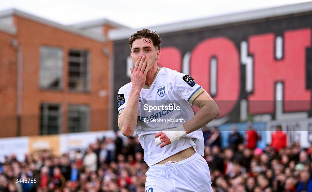4 May 2026; John Martin of Shelbourne celebrates after scoring his side's first goal during the SSE Airtricity Men's Premier Division match between Bohemians and Shelbourne at Dalymount Park in Dublin. Photo by Stephen McCarthy/Sportsfile