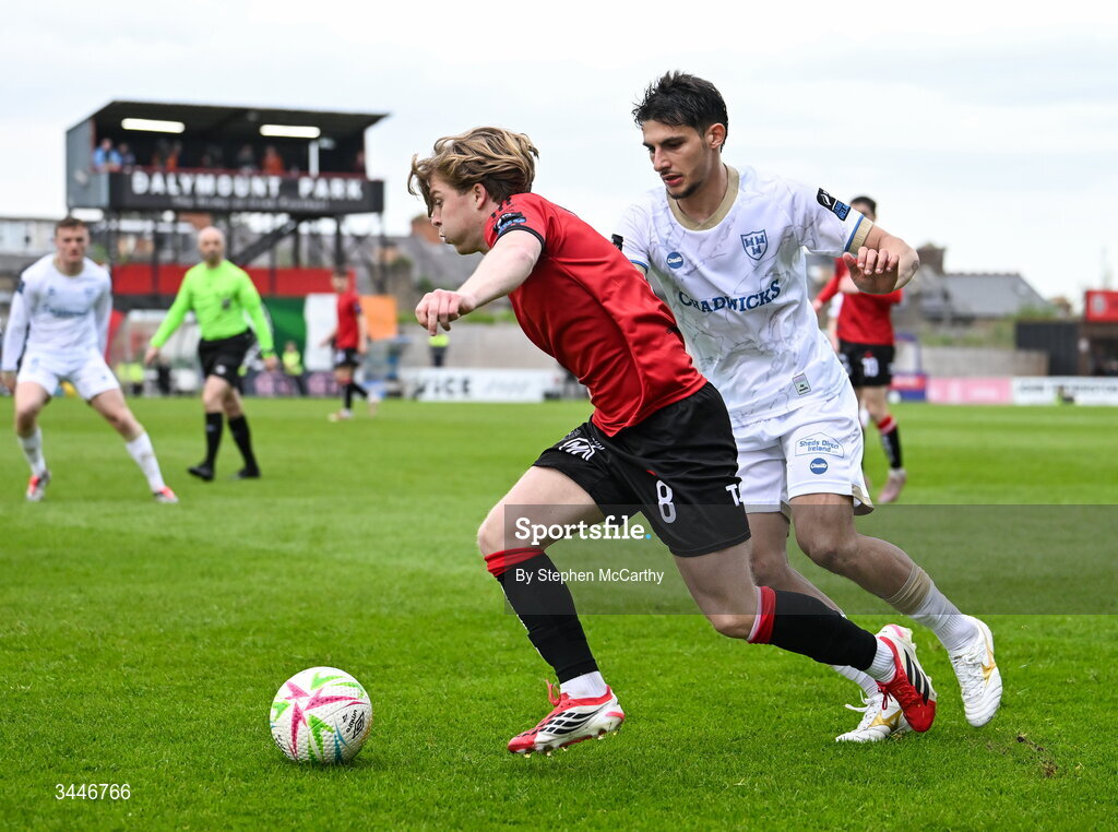 4 May 2026; Harry Vaughan of Bohemians in action against Rodrigo Freitas of Shelbourne during the SSE Airtricity Men's Premier Division match between Bohemians and Shelbourne at Dalymount Park in Dublin. Photo by Stephen McCarthy/Sportsfile