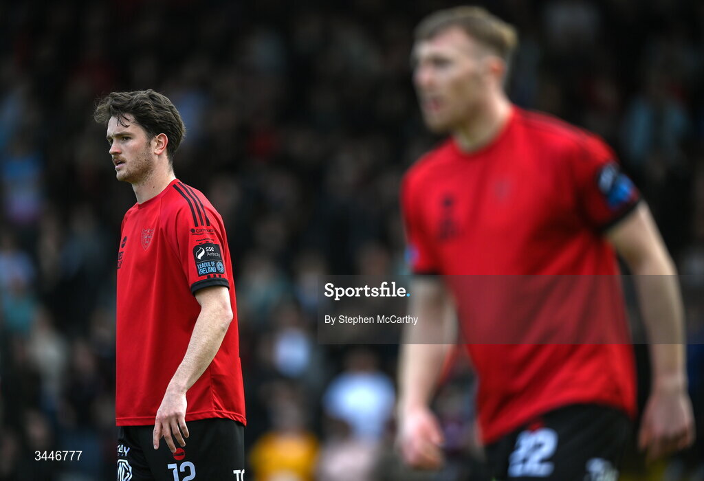 4 May 2026; Patrick Hickey, left, and Sam Todd of Bohemians during the SSE Airtricity Men's Premier Division match between Bohemians and Shelbourne at Dalymount Park in Dublin. Photo by Stephen McCarthy/Sportsfile