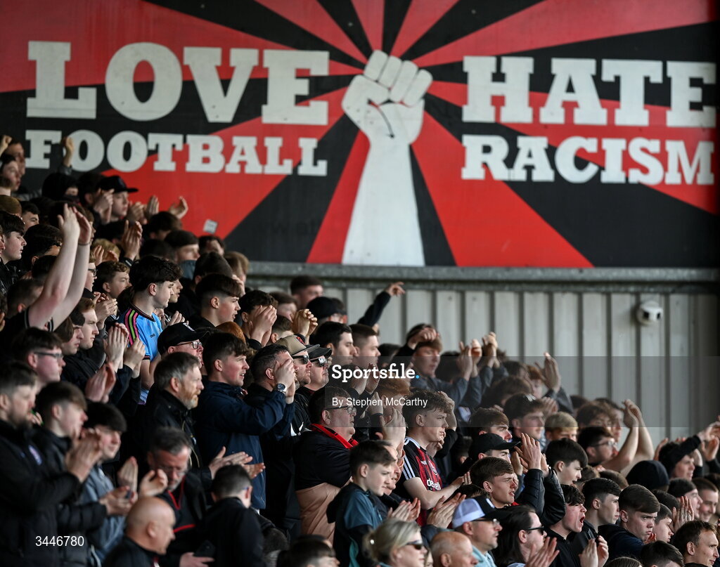 4 May 2026; Bohemians supporters during the SSE Airtricity Men's Premier Division match between Bohemians and Shelbourne at Dalymount Park in Dublin. Photo by Stephen McCarthy/Sportsfile