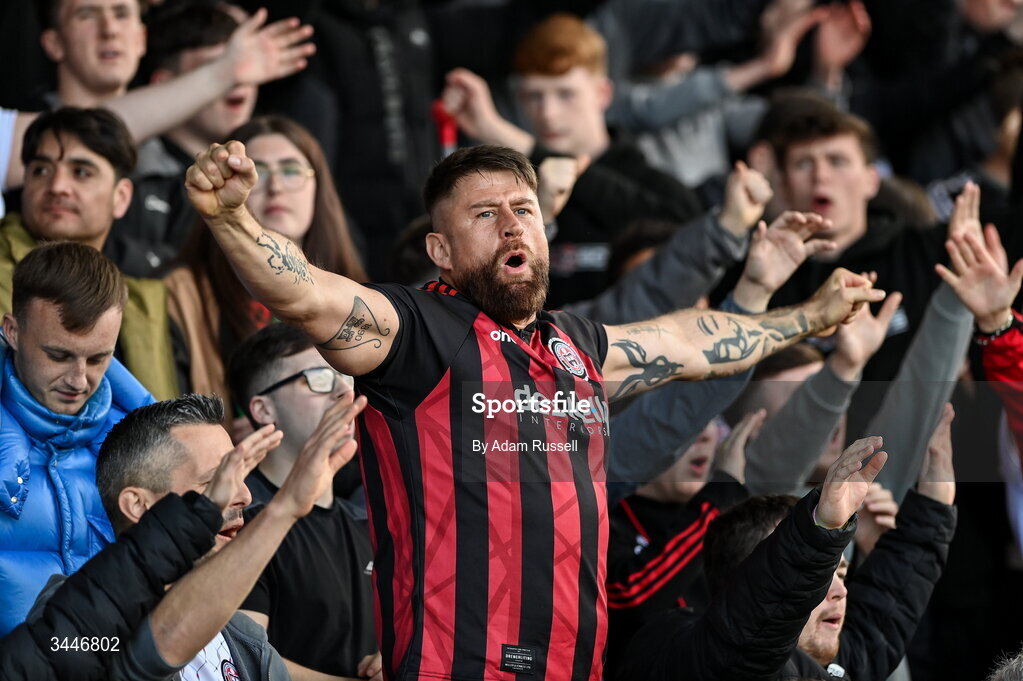 4 May 2026; Bohemians supporters during the SSE Airtricity Men's Premier Division match between Bohemians and Shelbourne at Dalymount Park in Dublin. Photo by Adam Russell/Sportsfile
