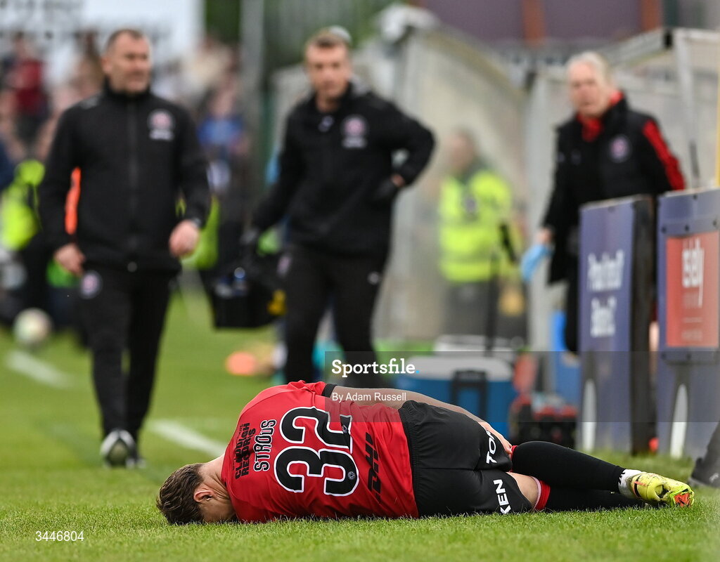 4 May 2026; Markuss Strods of Bohemians awaits medical attention for an injury during the SSE Airtricity Men's Premier Division match between Bohemians and Shelbourne at Dalymount Park in Dublin. Photo by Adam Russell/Sportsfile