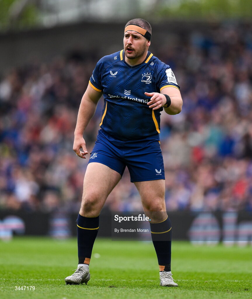 2 May 2026; Jerry Cahir of Leinster during the Investec Champions Cup semi-final match between Leinster and RC Toulon at the Aviva Stadium in Dublin. Photo by Brendan Moran/Sportsfile