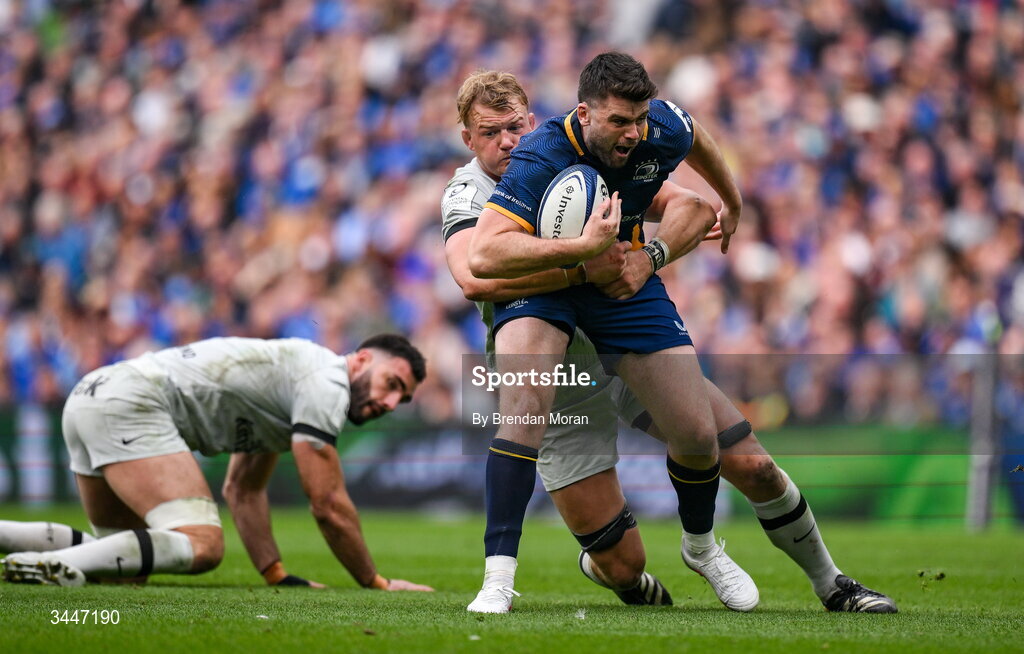 2 May 2026; Harry Byrne of Leinster is tackled by David Ribbans of RC Toulon during the Investec Champions Cup semi-final match between Leinster and RC Toulon at the Aviva Stadium in Dublin. Photo by Brendan Moran/Sportsfile