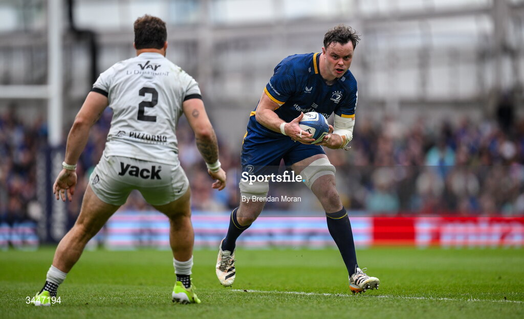2 May 2026; James Ryan of Leinster in action against David Ribbans of RC Toulon during the Investec Champions Cup semi-final match between Leinster and RC Toulon at the Aviva Stadium in Dublin. Photo by Brendan Moran/Sportsfile