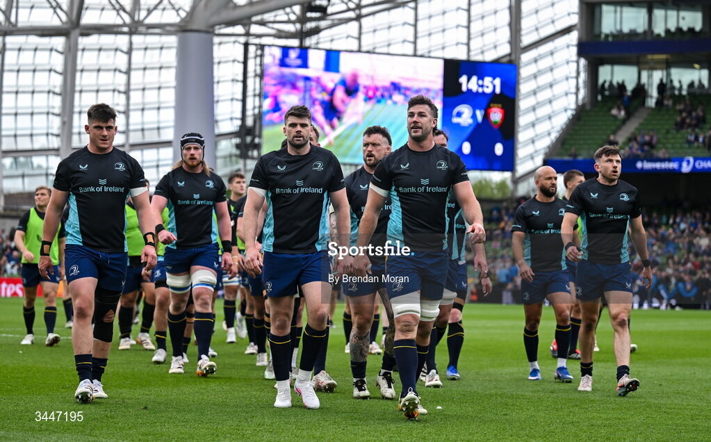 2 May 2026; Leinster captain Caelan Doris leads his side back to the dressingroom after their warm-up before the Investec Champions Cup semi-final match between Leinster and RC Toulon at the Aviva Stadium in Dublin. Photo by Brendan Moran/Sportsfile