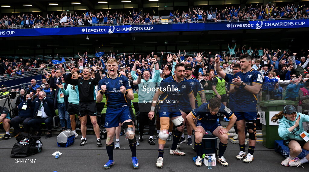 2 May 2026; Tommy O'Brien of Leinster and his teammates celebrate at the final whistle of the Investec Champions Cup semi-final match between Leinster and RC Toulon at the Aviva Stadium in Dublin. Photo by Brendan Moran/Sportsfile