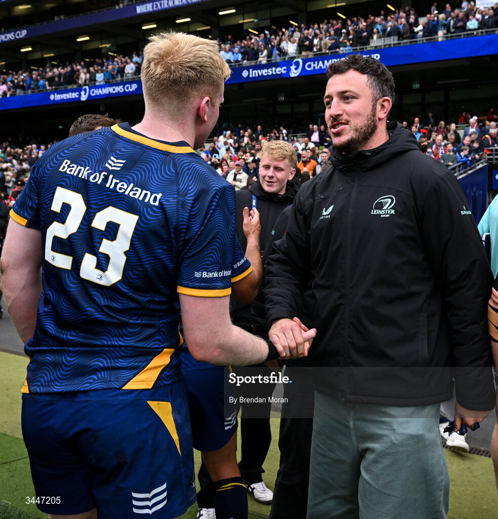 2 May 2026; Leinster players Jamie Osborne, left, and Will Connors celebrate after the Investec Champions Cup semi-final match between Leinster and RC Toulon at the Aviva Stadium in Dublin. Photo by Brendan Moran/Sportsfile