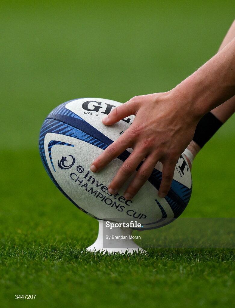 2 May 2026; A general view of a player placing a rugby ball on a kicking tee during the Investec Champions Cup semi-final match between Leinster and RC Toulon at the Aviva Stadium in Dublin. Photo by Brendan Moran/Sportsfile