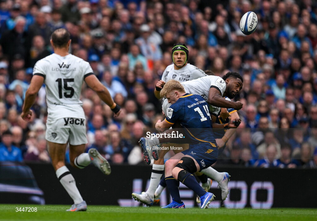 2 May 2026; Setariki Tuicuvu of RC Toulon is tackled by Tommy O'Brien of Leinster during the Investec Champions Cup semi-final match between Leinster and RC Toulon at the Aviva Stadium in Dublin. Photo by Brendan Moran/Sportsfile