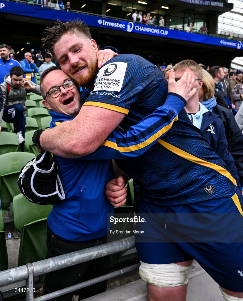 2 May 2026; Joe McCarthy of Leinster celebrates with supporter Niall Kavanagh after the Investec Champions Cup semi-final match between Leinster and RC Toulon at the Aviva Stadium in Dublin. Photo by Brendan Moran/Sportsfile