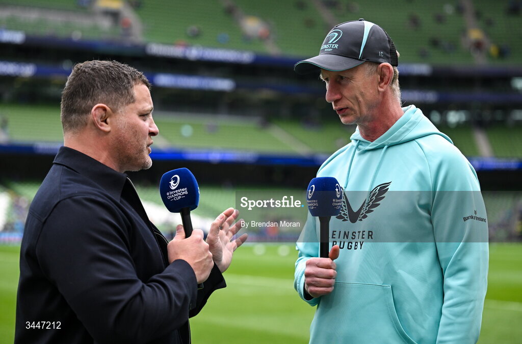 2 May 2026; EPCR rugby analyst Benjamin Kayser, left, interviews Leinster head coach Leo Cullen before the Investec Champions Cup semi-final match between Leinster and RC Toulon at the Aviva Stadium in Dublin. Photo by Brendan Moran/Sportsfile