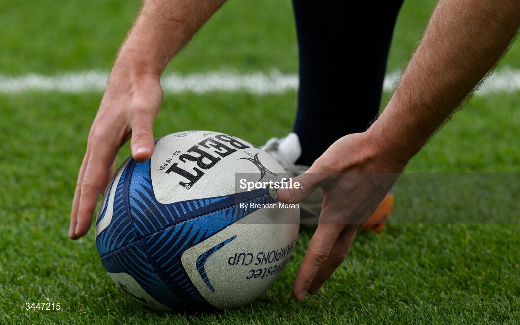 2 May 2026; A general view of a rugby ball during the Investec Champions Cup semi-final match between Leinster and RC Toulon at the Aviva Stadium in Dublin. Photo by Brendan Moran/Sportsfile