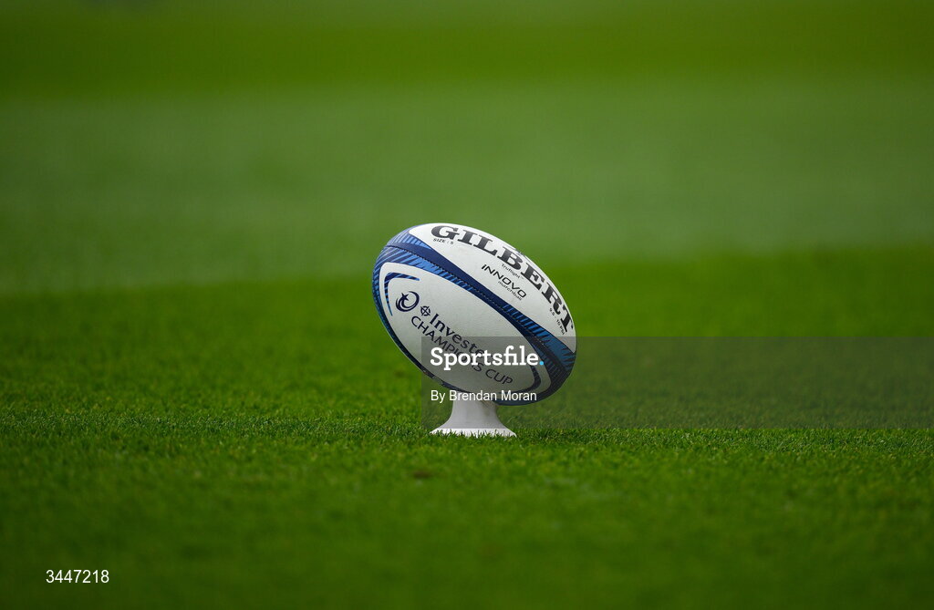 2 May 2026; A general view of a rugby ball on a kicking tee during the Investec Champions Cup semi-final match between Leinster and RC Toulon at the Aviva Stadium in Dublin. Photo by Brendan Moran/Sportsfile