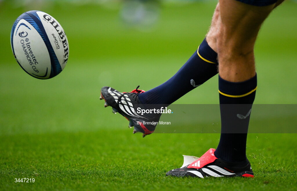 2 May 2026; Sam Prendergast of Leinster kicks a rugby ball during the Investec Champions Cup semi-final match between Leinster and RC Toulon at the Aviva Stadium in Dublin. Photo by Brendan Moran/Sportsfile
