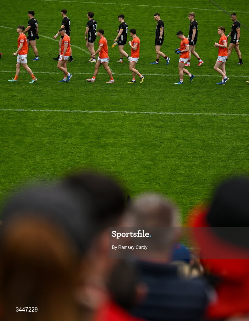 3 May 2026; The Armagh and Down teams parade before the Ulster GAA Football Senior Championship semi-final match between Armagh and Down at St Tiernach's Park in Clones, Monaghan. Photo by Ramsey Cardy/Sportsfile