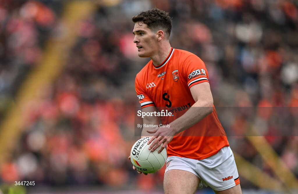 3 May 2026; Jarly Og Burns of Armagh during the Ulster GAA Football Senior Championship semi-final match between Armagh and Down at St Tiernach's Park in Clones, Monaghan. Photo by Ramsey Cardy/Sportsfile