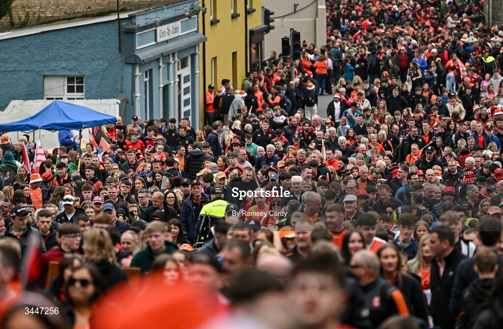 3 May 2026; Supporters make their way to the ground before the Ulster GAA Football Senior Championship semi-final match between Armagh and Down at St Tiernach's Park in Clones, Monaghan. Photo by Ramsey Cardy/Sportsfile