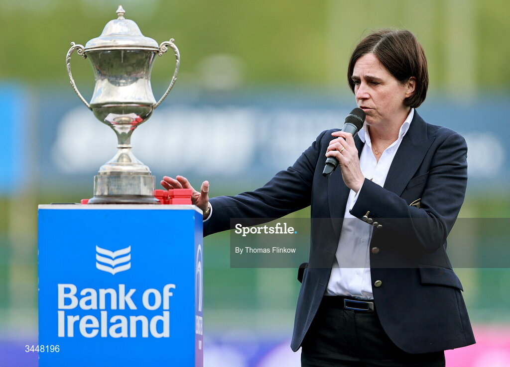 4 May 2026; President of Leinster Rugby Moira Flahive with the U17 Culliton Cup during the Leinster Rugby Youth Boys Cup Finals at Energia Park in Dublin. Photo by Thomas Flinkow/Sportsfile