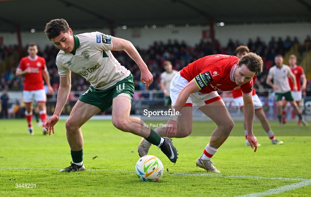 4 May 2026; Kian Leavy of St Patrick's Athletic in action against Will Fitzgerald of Sligo Rovers during the SSE Airtricity Men's Premier Division match between Sligo Rovers and St Patrick's Athletic at The Showgrounds in Sligo. Photo by Paul Phelan/Sportsfile