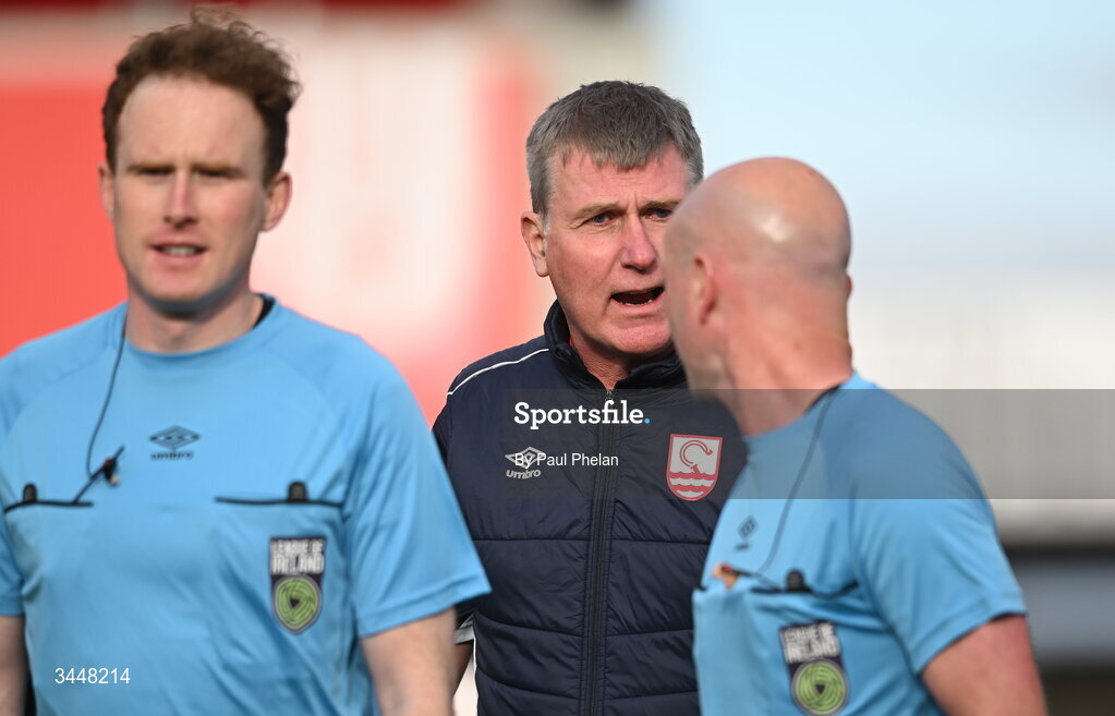 4 May 2026; St Patrick's Athletic manager Stephen Kenny speaks to referee Marc Lynch after the SSE Airtricity Men's Premier Division match between Sligo Rovers and St Patrick's Athletic at The Showgrounds in Sligo. Photo by Paul Phelan/Sportsfile