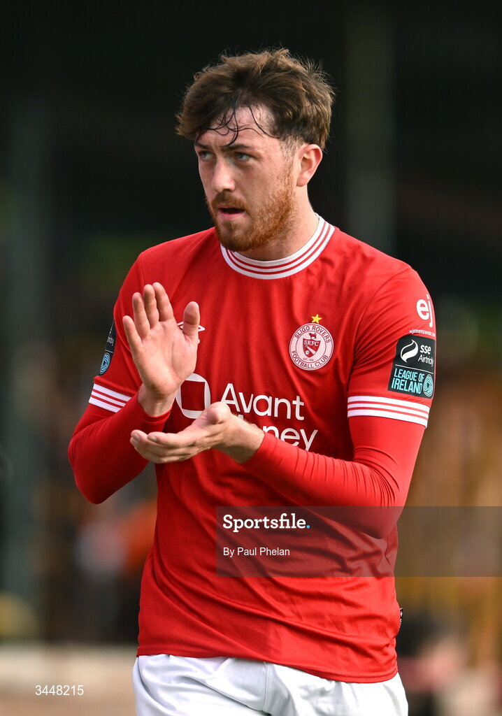 4 May 2026; Sean Stewart of Sligo Rovers acknowledges his side's supporters after being substituted during the SSE Airtricity Men's Premier Division match between Sligo Rovers and St Patrick's Athletic at The Showgrounds in Sligo. Photo by Paul Phelan/Sportsfile